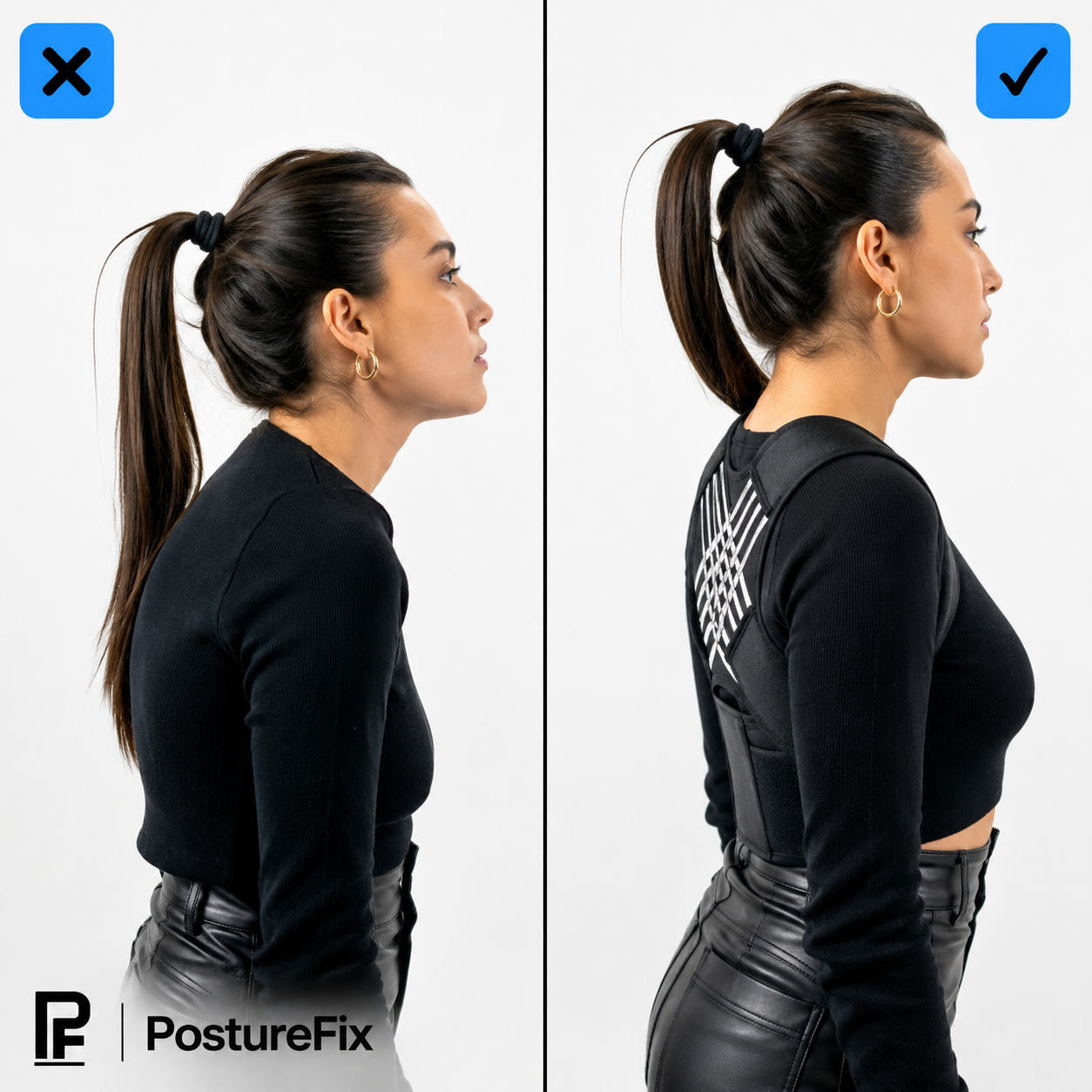 Comparación de postura antes y después de usar el corrector PostureFix